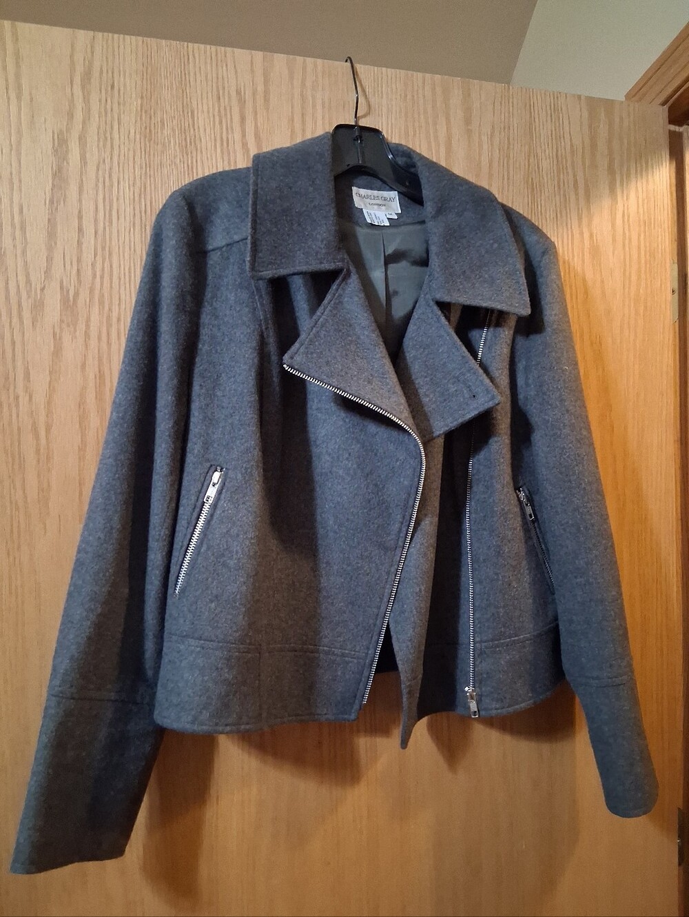 Charles Gray London dark charcoal grey wool-blend jacket with zipper accents